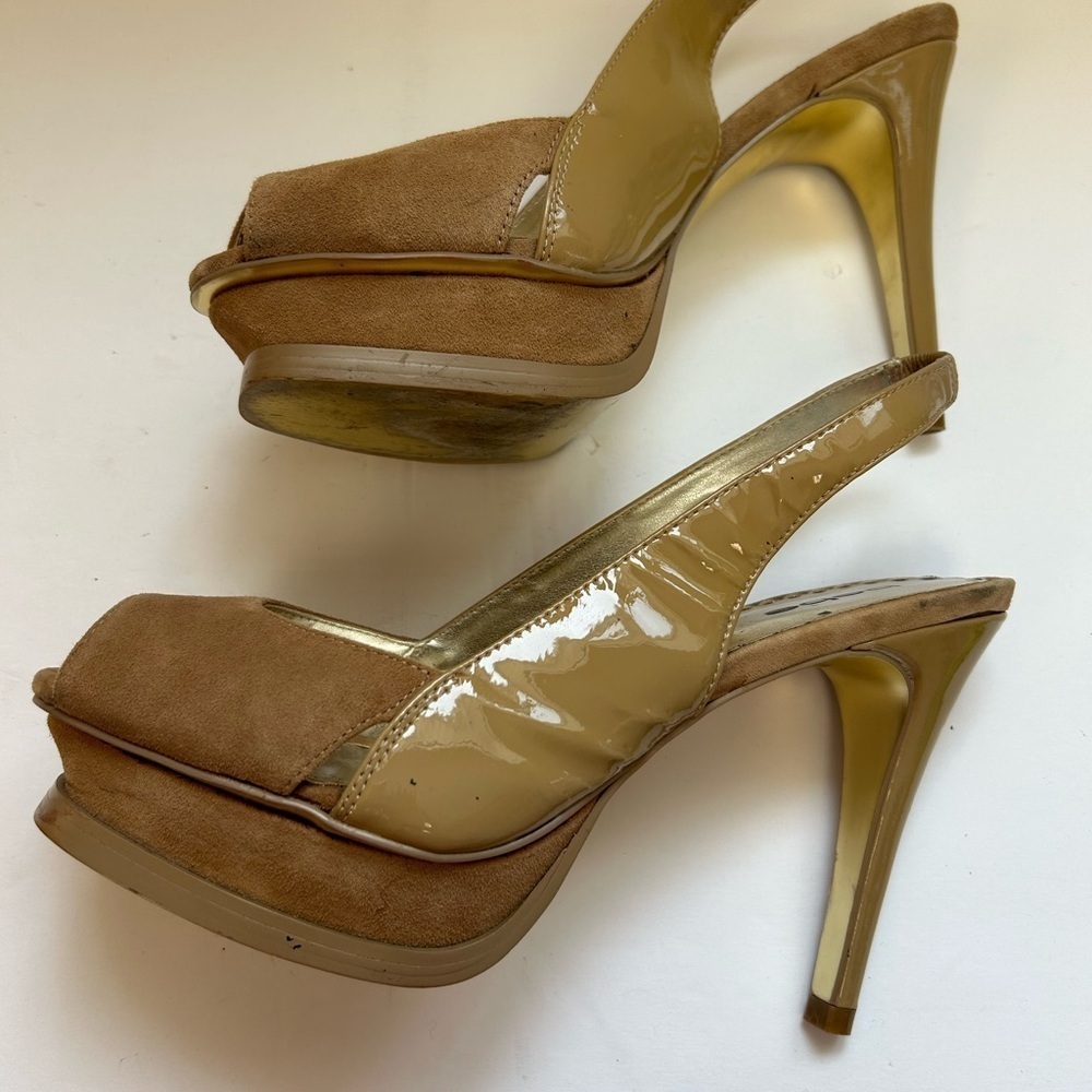BEBE/high heel shoes/Zahara style/sueded front Patton leather/size 8